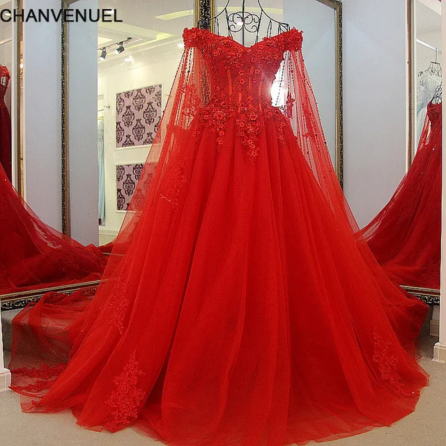 LS54710 Red cheap Wedding Dress Robe Mariage Femme 2018 Tulle v-neck Ball Gown Lace Up Back Princess With Cape | Свадьбы и торжества