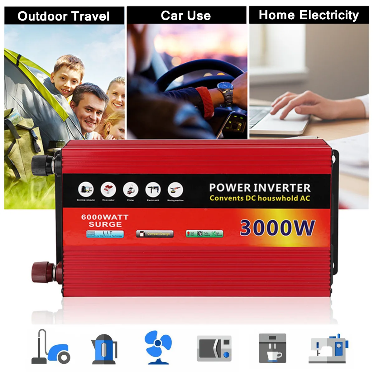 

Voltage Transformer Pea k 3000W Car Solar Sine Wave Power Inverter Converter DC 12V To AC 220V Dual-Turbine Cooling System