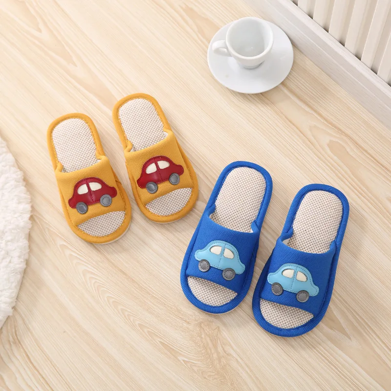 

New linen cartoon car children's slippers male middle child cute home anti-skid soft bottom slippers Parent-child tx01