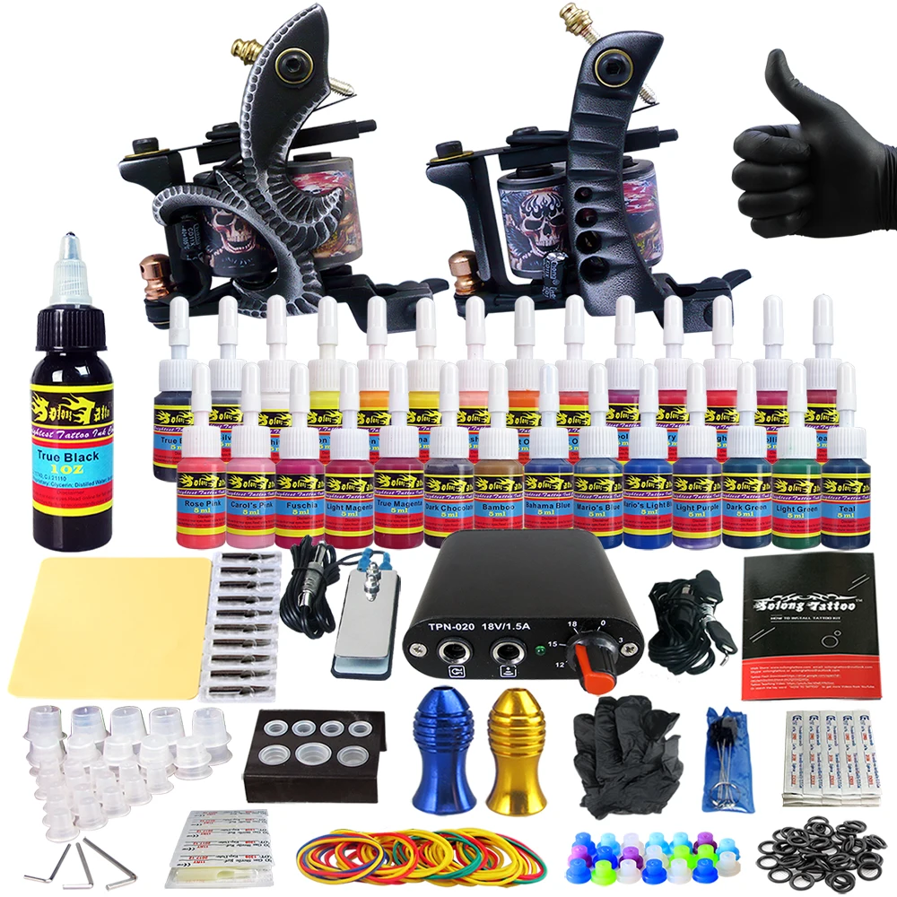 

Hybrid Complete Kit For Tattoo Liner and Shader Beginner Power Supply Foot Pedal Grips Needles Ink Set Tattoo Body&Art TK204-25