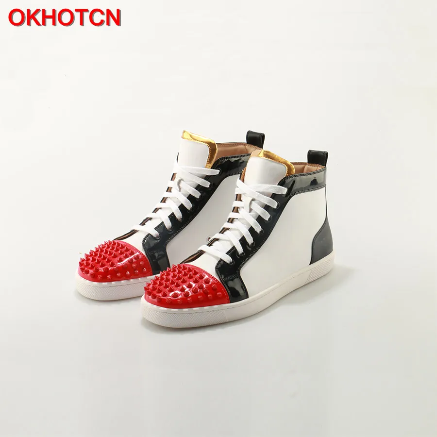 

OKHOTCN Outdoors Chaussure Homme Fashion Men Shoes Brand Flats Lace Up White Black Red Mix Colors Spike Studs Rivet Casual Shoes