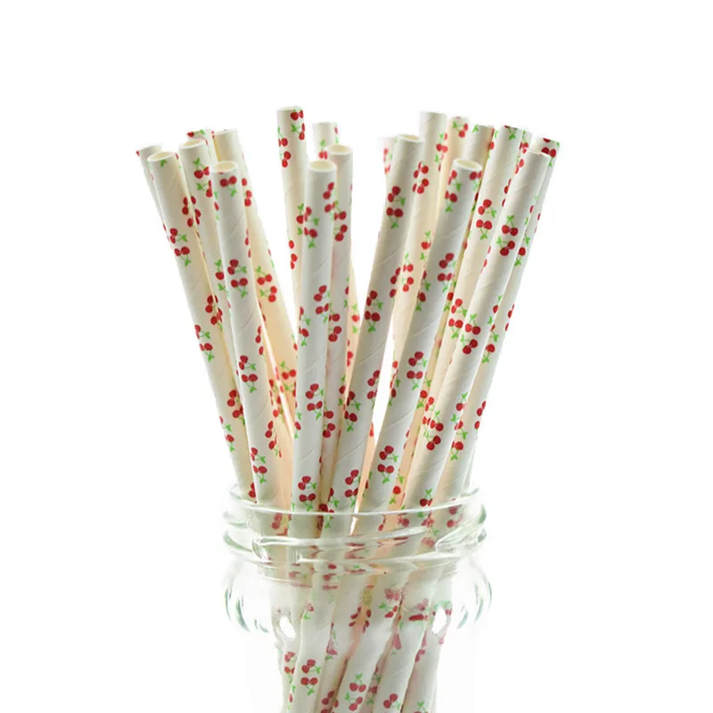 

25pcs Cherry Paper Straws Kids Birthday Party Wedding Decor Bridal Shower Hawaiian Jungle Luau Chevron Drinking Paper Straws DIY