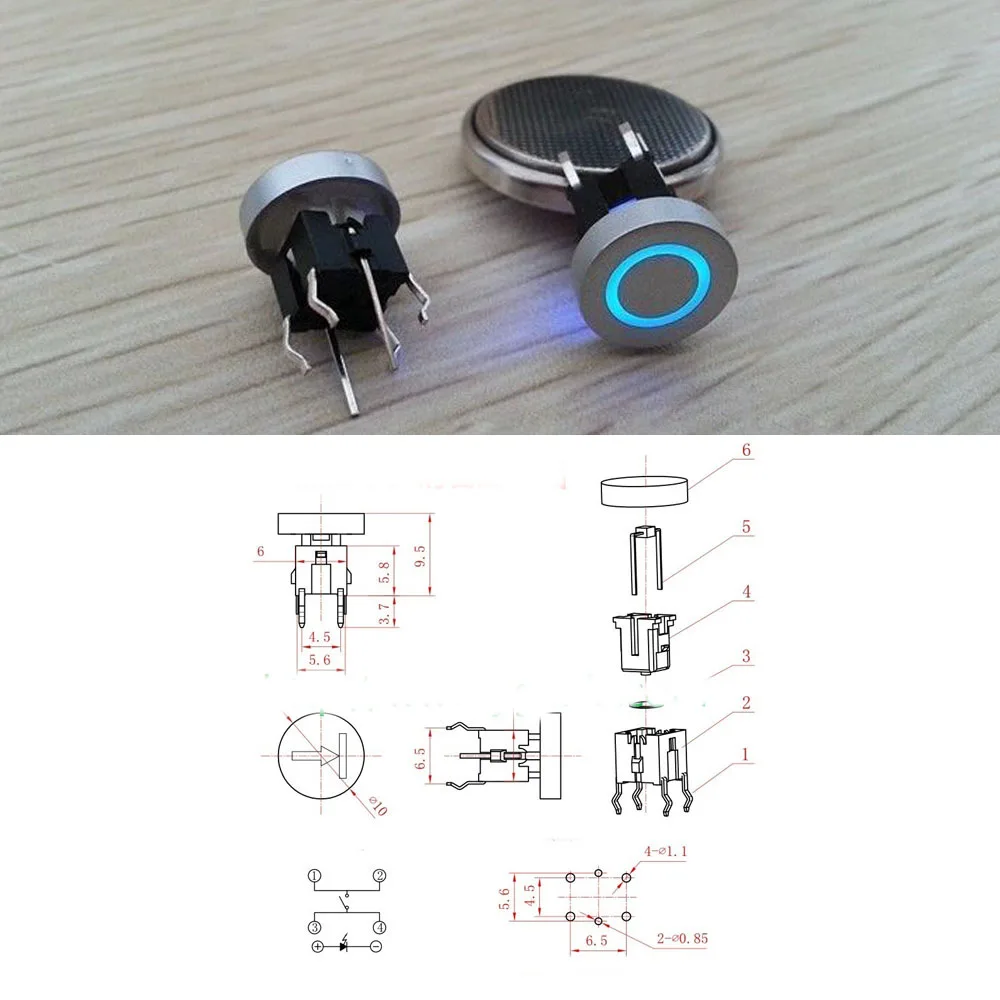 

5pcs Blue LED 10mm Cap CIRCLE 12V 50mA Momentary Tact Push Button Switch