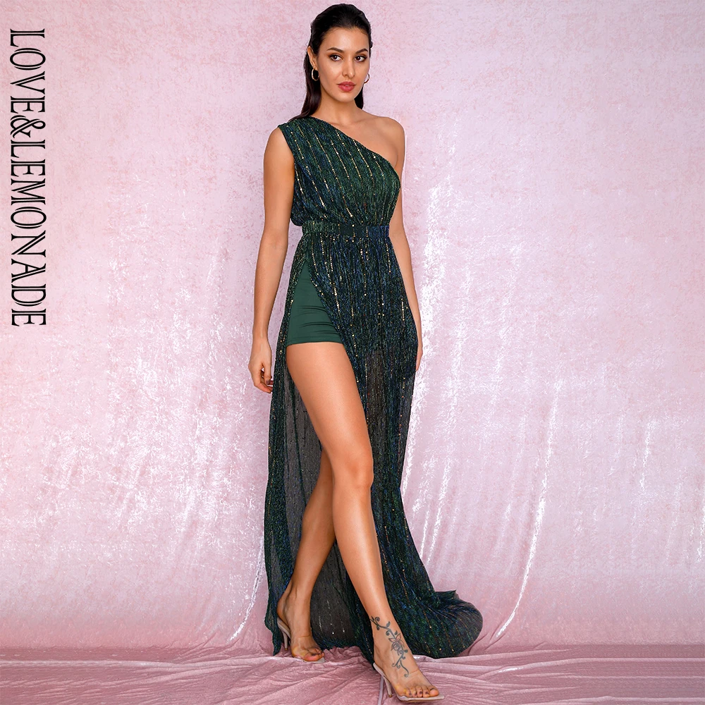 Женское вечернее платье LOVE & LEMONADE зеленое на одно плечо комбинированный Материал