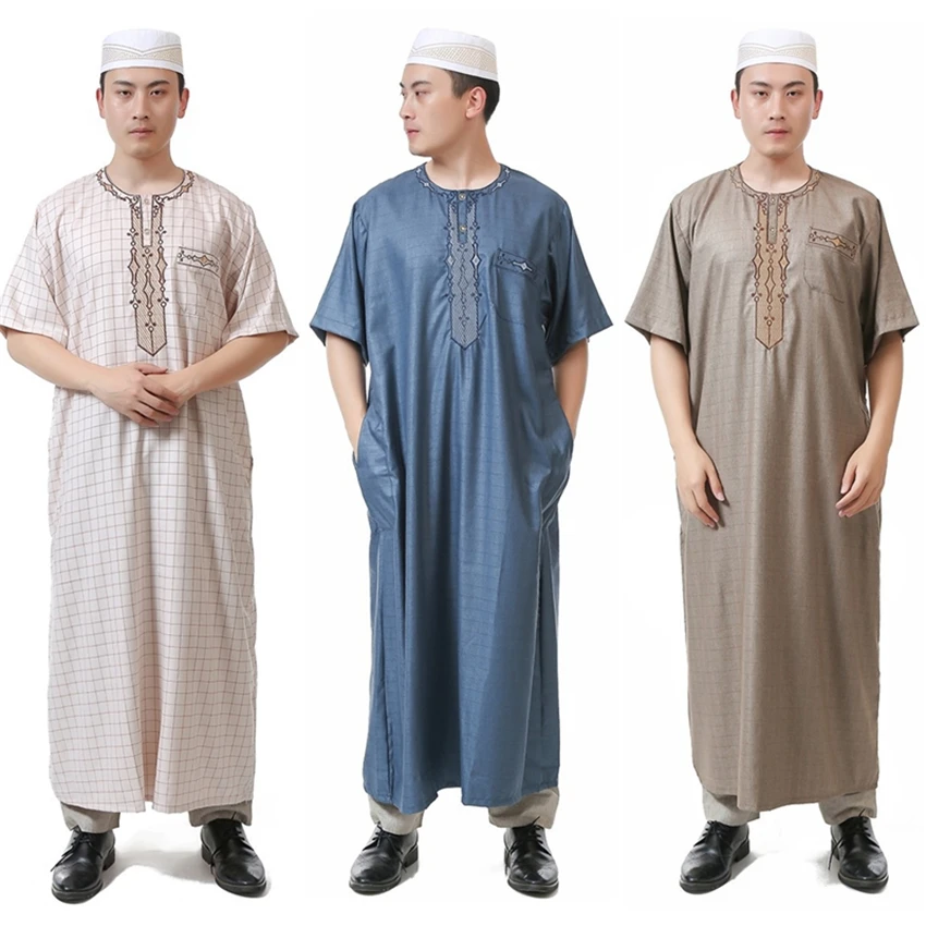 

5Color Arab Clothing Men Islamic Thobe Muslim Arabic Abaya Kaftan Summer Cotton Man Dubai Eid Robes Jubba Thobe Islam Clothing