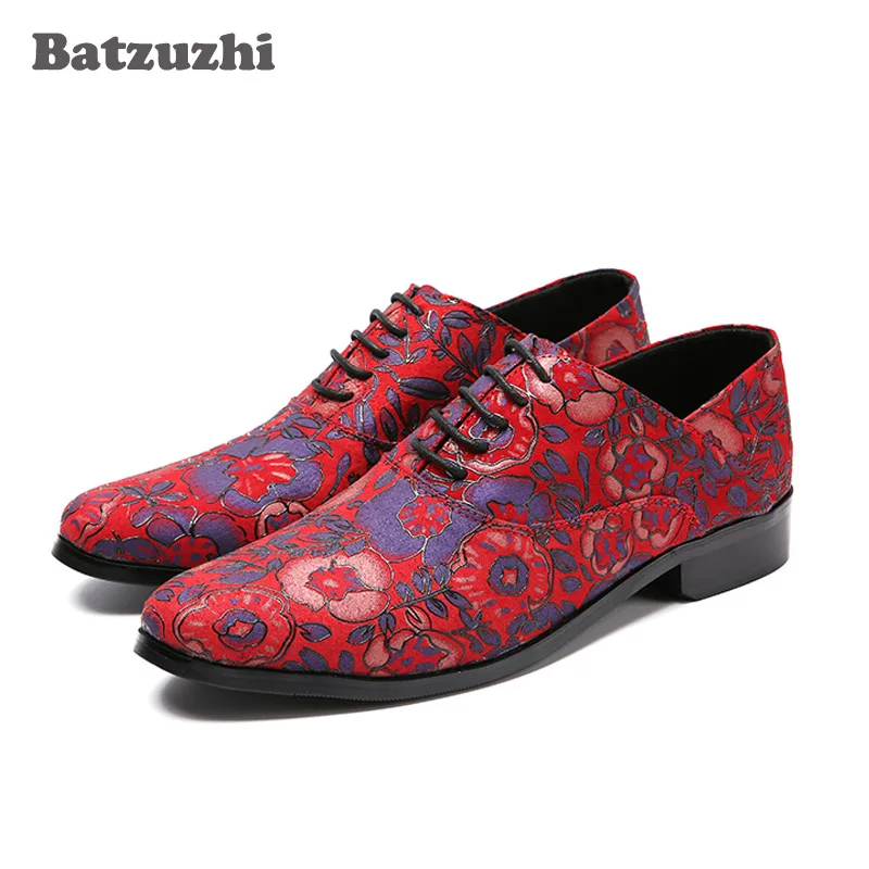 Batzuzhi Italian Style Red Mens Shoes Red Print Flowers LEATHER Casual Shoes Men High end Men