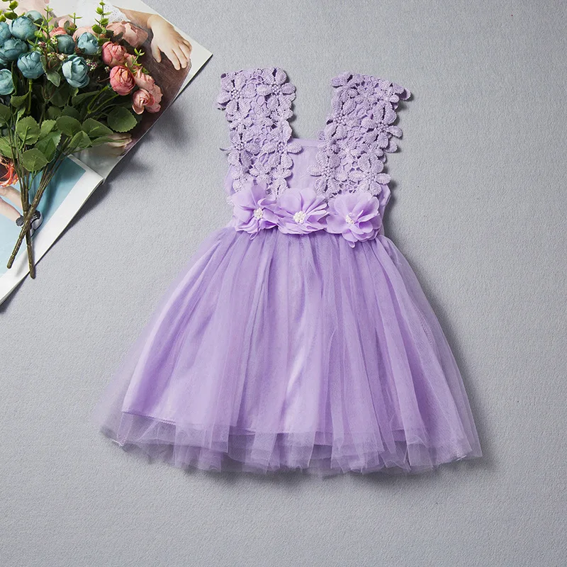 

Girls Summer Dress Brand Fashion New Toddler Girls Sleeveless Flowers Lace Vest Princess Dress Baby Clothes Purple Kids Dresses