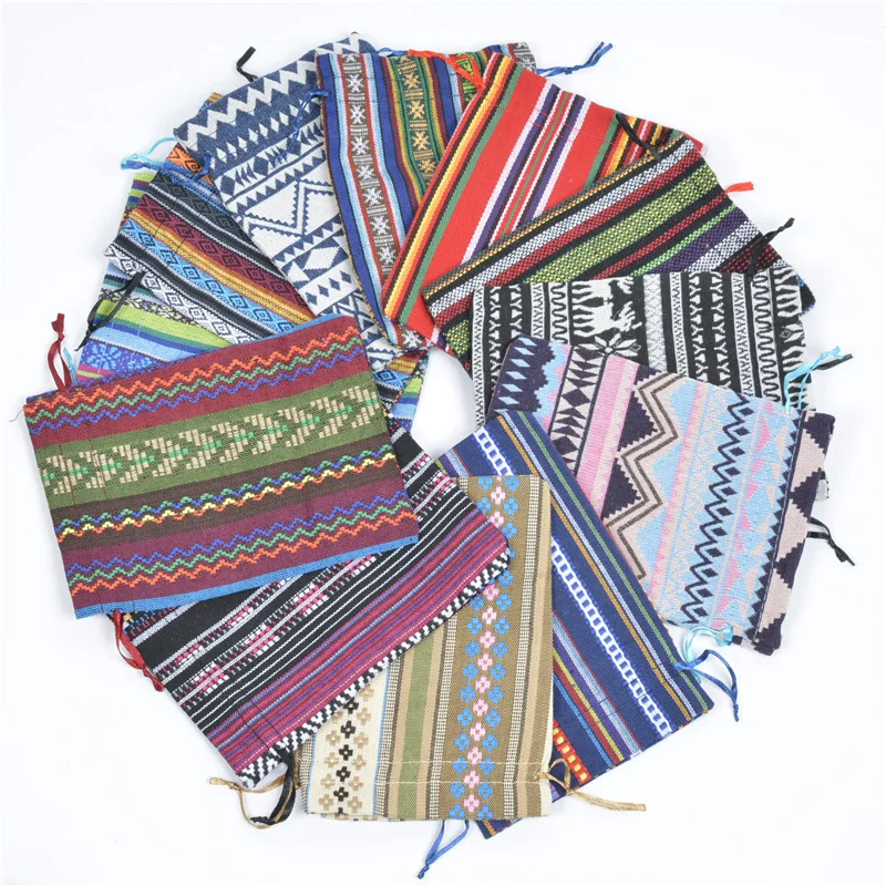 

Random Colors! Printed Cotton and Linen Fabric Bundle Pocket Ethnic Stripe Gift Jewelry Cotton Bag China Style Ornament Bag