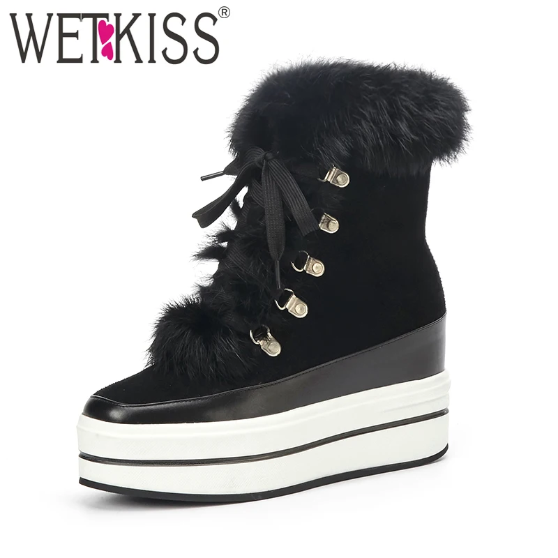 

WETKISS Warm Thick Fur Winter Boots Women Rabbit Fur Lace up Ankle Boots Cow Leather Suede Hidden Wedges Platform Shoes Woman