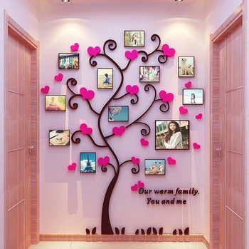 

Hot sell 3D Acrylic wall stickers Love Heart Photo Frame Tree Stickers for entrance Living Room TV sofa backdrop Wall Painting