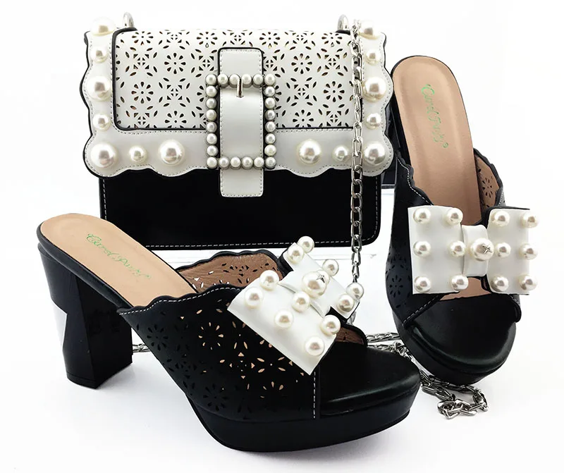 

4 inches black and white shoes slippers clutches bag 2019 new italian shoes and bag matching set with free shipping SB8392-1