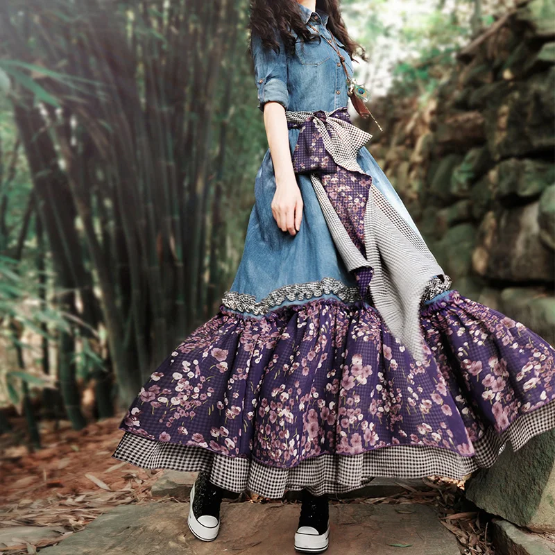

LYNETTE'S CHINOISERIE Spring Autumn Women Three Quarter Sleeve Patchwork Belt Denim Blue Dresses