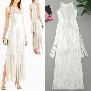 

HIGH QUALITY 2018 New Runway Fashion Dress Sleeveless Sexy Tassel Bodycon Elegant Evening Party Dress Rayon Bandage Dress