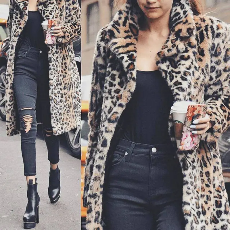 Women Winter Faux Fur Lapel Coat Warm Sexy Leopard Print Coat Fashion Long Sleeve Outerwear