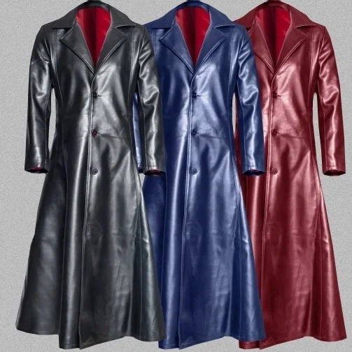 Мужское модное кожаное пальто с длинными рукавами и отворотом, зимнее черное длинное пальто в готическом стиле, панк, длинная куртка, пальто вампира в готическом стиле, темное крутое пальто В рыцарском стиле