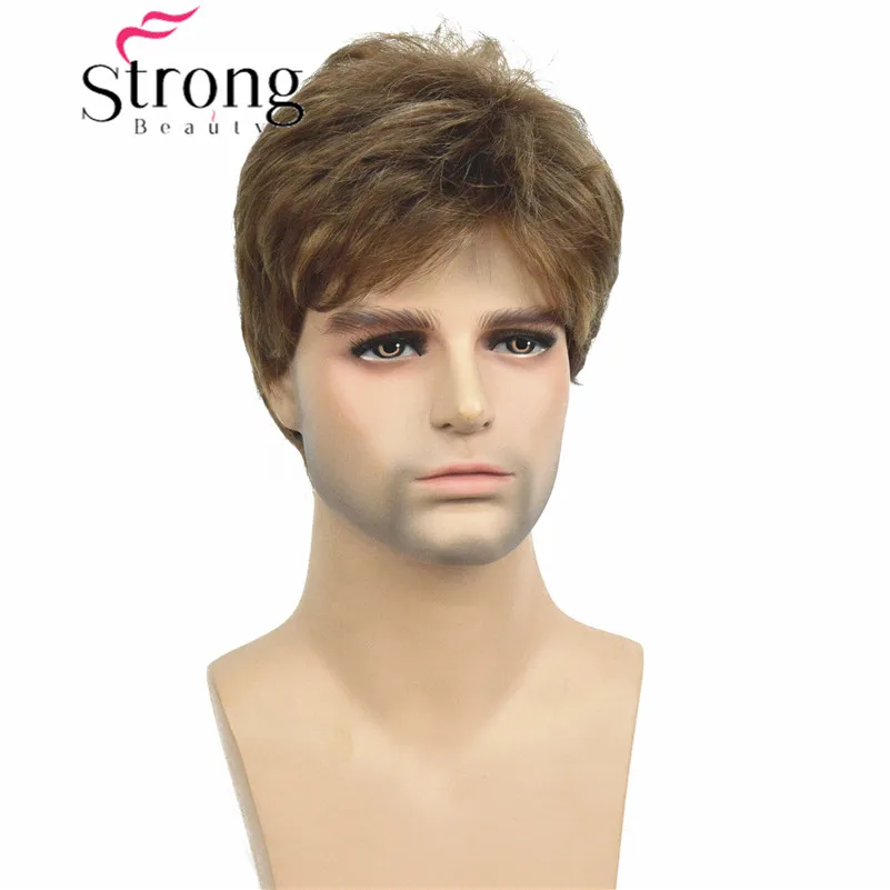 

StrongBeauty Manly Short Brown Mixed Blonde Fluffy Straight Full Bang Capless Heat Resistant Fiber Synthetic Wig For Men