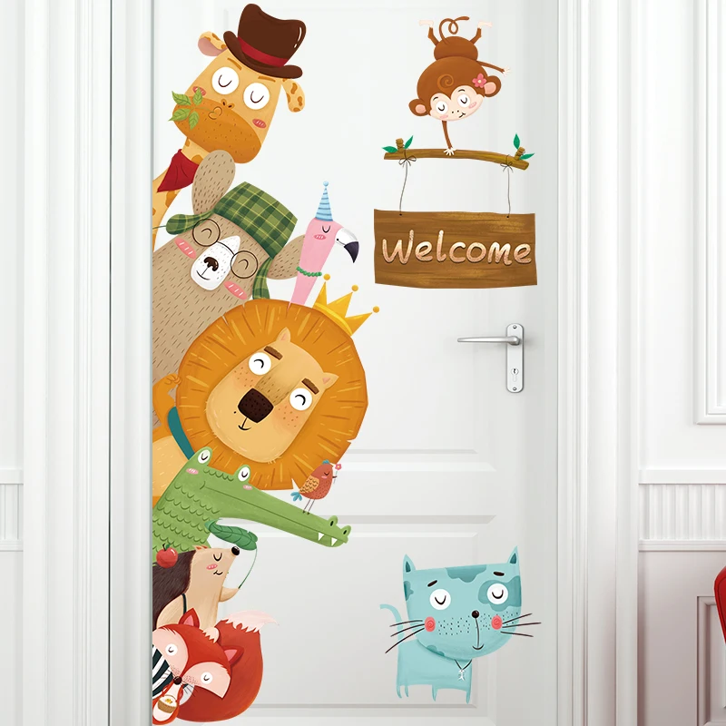 

Giraffe Lion Welcome Door Sticker Cartoon Animal Wall Sticker Nursery Kids Room Wall Decals Poster