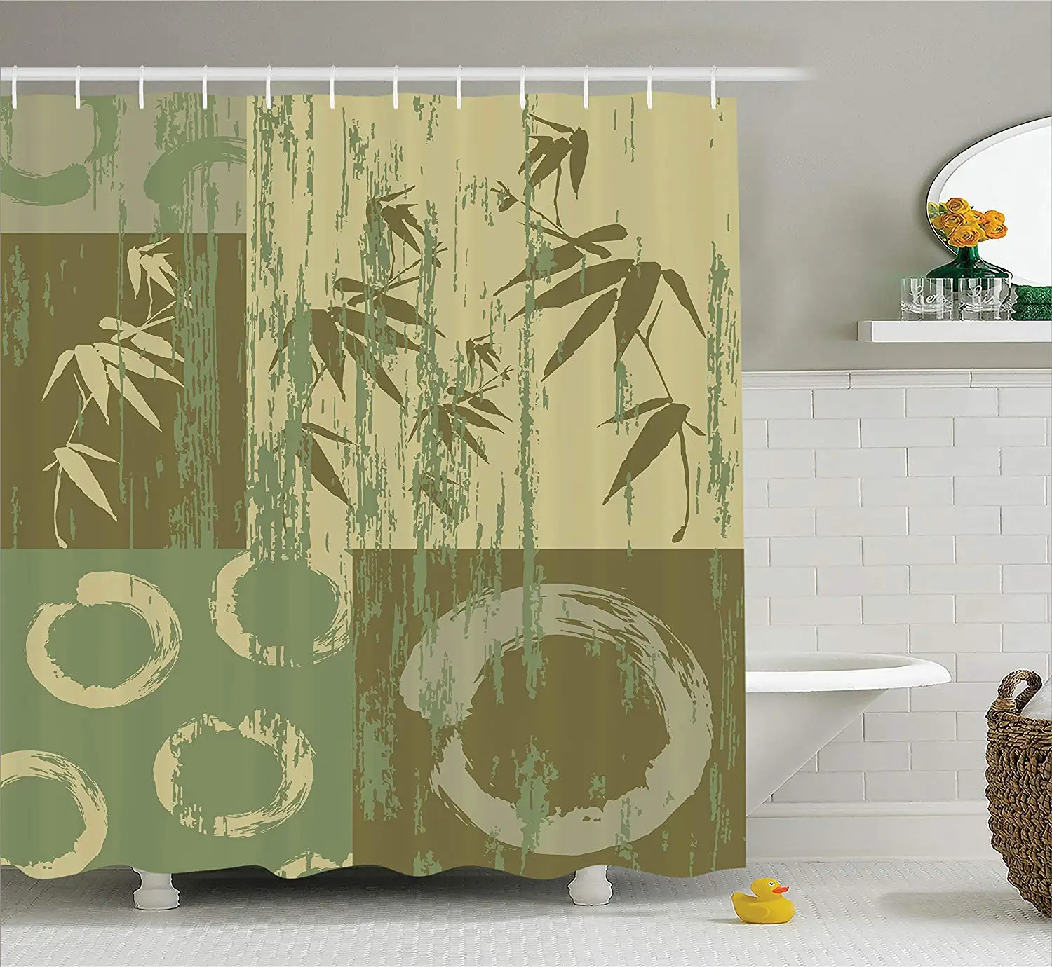 Bamboo House Decor Shower Curtain Set Zen Circle and Bamboo Silhouette
Over Vintage Color Oriental Eastern Patchwork Art Print