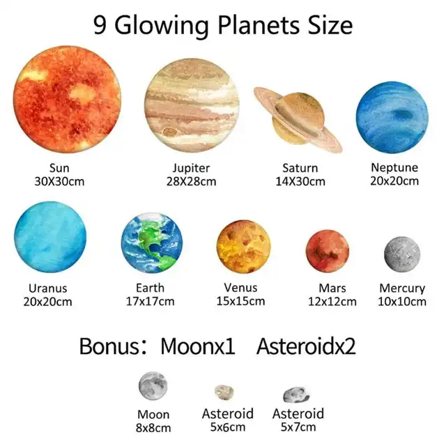 9pcs Planets Luminous Wall Stickers Solar System Fluorescent Wall