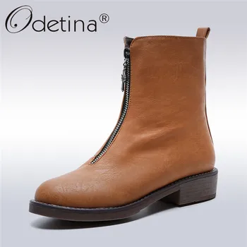 

Odetina New Fashion Mid-calf Boots With Front Zipper Womens Square Chunky Low Heel Casual Winter Short Boots Big Size 34-43