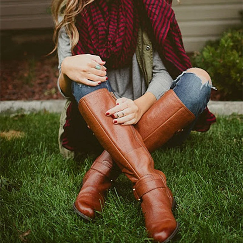 

Fashion Women Boots Lace-Up Riding Motorcycle Boots Low Heel Knee High Boots Buckle Side Zipper Female Boots Botas Brown 43