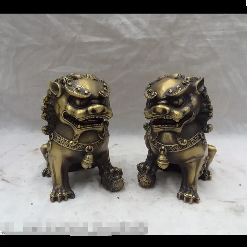 

wan67104028+++Chinese Bronze Sculpture FengShui Foo Fu Dog Lion Ball Statue Set Pair