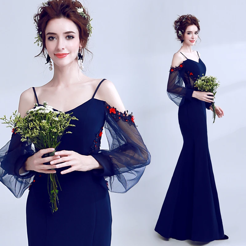 

New Arrival Noble Sey Spaghetti Straps Long Sleeves Illusion Dark Blue Mother of the Bride Dress/Sexy Evening Dress 74