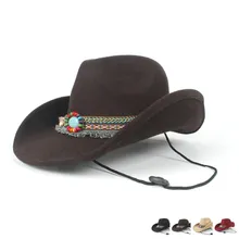 Кисточкой шерсть для женщин мужчин полые западная ковбойская шляпа Roll-up Brim джентльмен Outblack сомбреро Hombre джаз шляпа ветер веревка размер 56-58 см