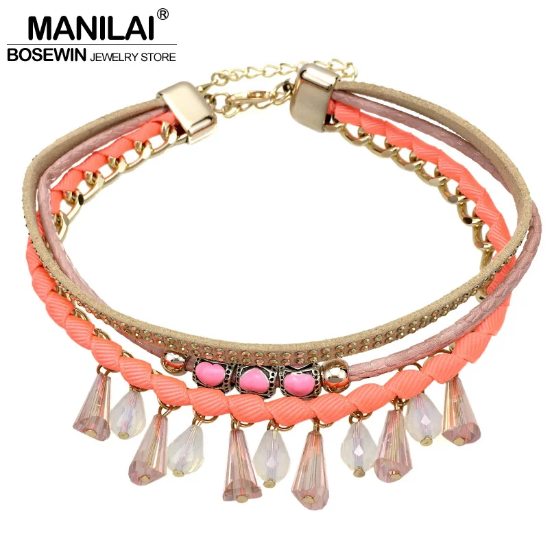 MANILAI Boho Multi layers Leather Charm Crystal Chokers Necklaces For Women Fashion Handmade Beads Maxi Necklaces & Pendants