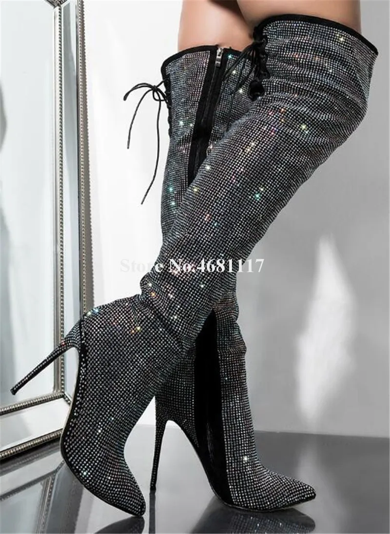 Las Alto Diamantes Largo Bling Encaje Negro Cristal Moda Sobre La Punta De Tacón Botas Rodilla Imitación Mujeres qRanxrwq1
