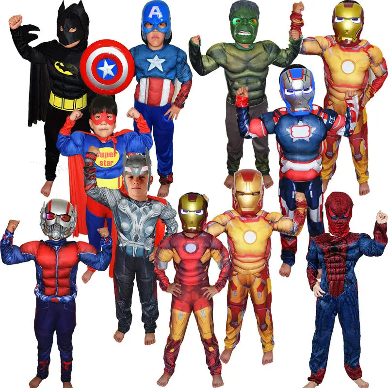 

Super Hero Jumpsuit Captain America SpiderMan Superman Batman IronMan Thor Avengers Muscle Kids Cosplay Costumes Halloween Gift