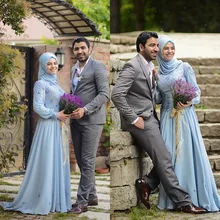 Chiffon Langarm Hijab Muslim Brautkleider brautkleid Handmade Blumen Perlen Blau Brautkleider 2016 YWD53