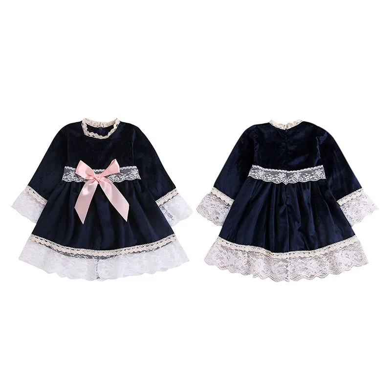 Новая весенняя одежда для маленьких девочек, повседневные Хлопковые Платья принцессы с длинными рукавами и кружевным бантом для девочек
