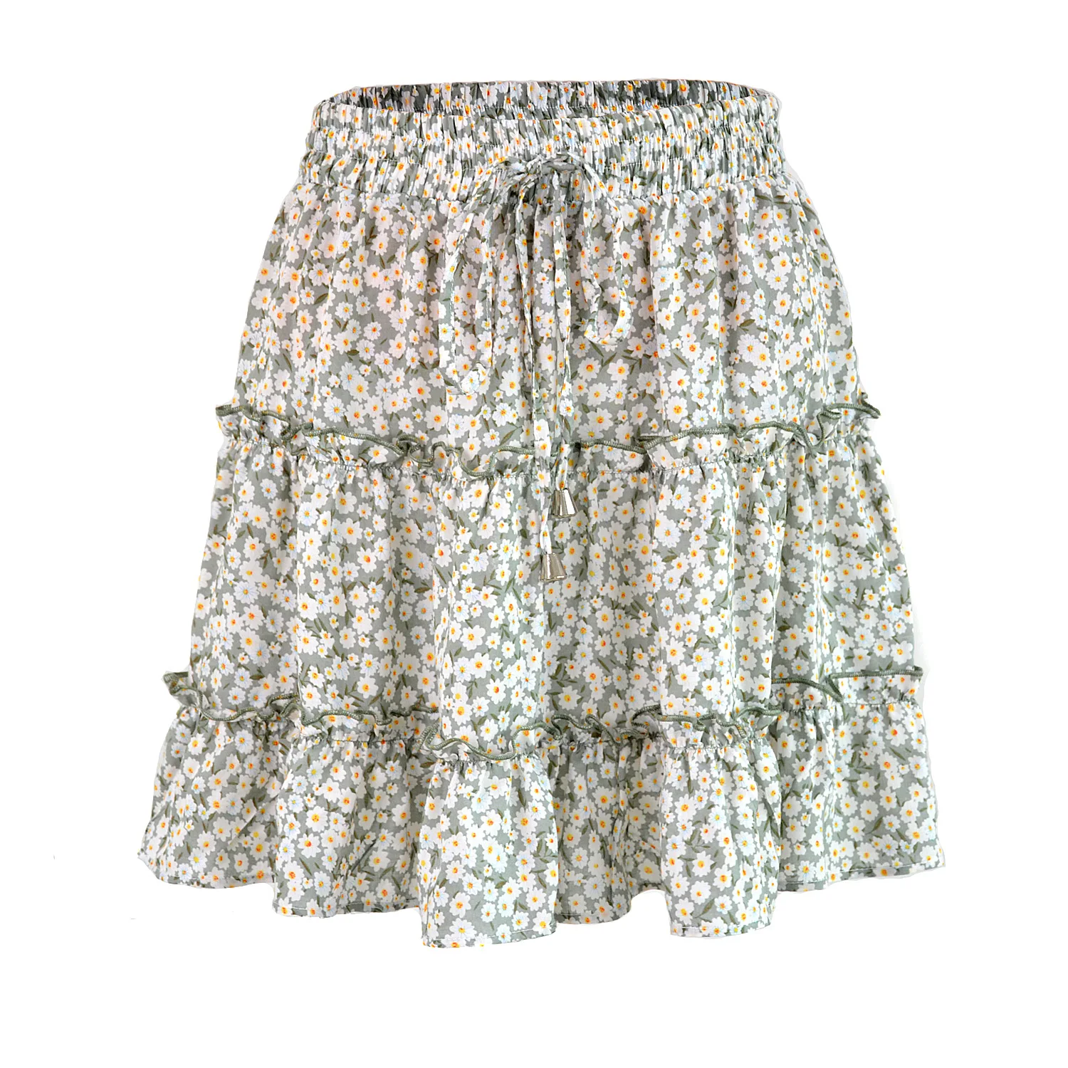 Laamei модные юбки женские эластичный шнурок на талии мини юбка Повседневная юбка в складку тонкий горошек печатных свободная пляжная одежда - Цвет: Green-Flower