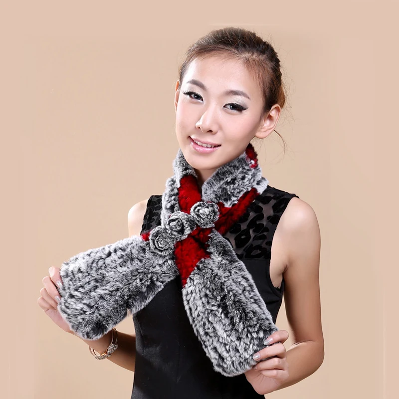 

2018 Real Fur Women Scarf Winter Knit Floral Design Scarves Russian Female Fashion Genuine Rabbit Fur Women Winter Warm Scarf