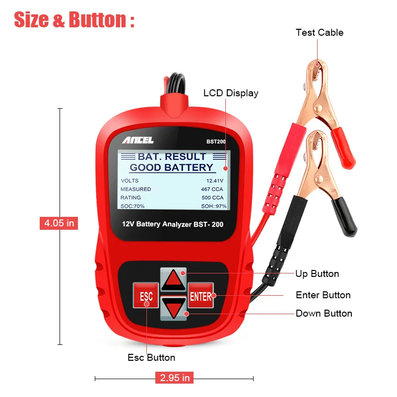 Ancel BST200 Car Battery Tester Multi Languages 12V Cell 100-1100CCA 30-100Ah Battery System Detect Automotive Diagnostic Tool Ancel BST200 Car Battery Tester Multi Languages 12V Cell 100-1100CCA 30-100Ah Battery System Detect Automotive Diagnostic Tool