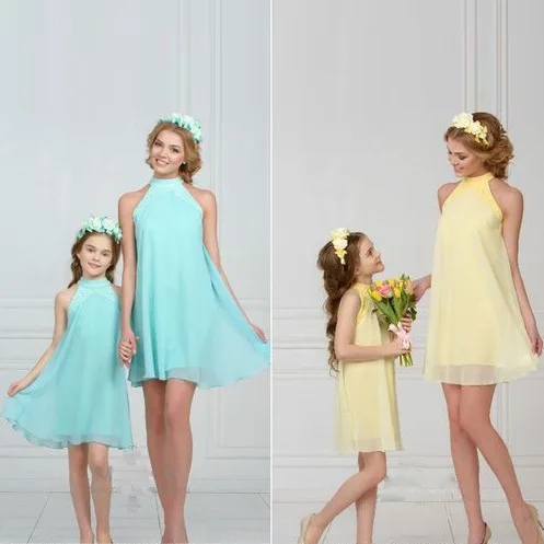 

ZOGAA 2019 Summer New Solid Chiffon Knee Dress Mommy and Me Clothes Lace Sleeveless Mother and Daughter Dress 3 colors