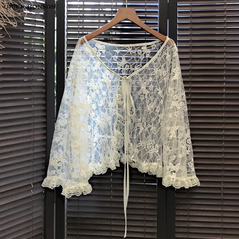 

Kawaii Lolita Summer tops for women 2019 seven flare sleeve lace cardigan lace-up frilly ruffle blouses ladies sheer crop top