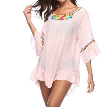 

Retro Crochet Leaf Pattern O Neck Sexy Beachwear Irregular Flare Sleeve Loose Women Chiffon Blouse White Ruffle Blusas Femininas