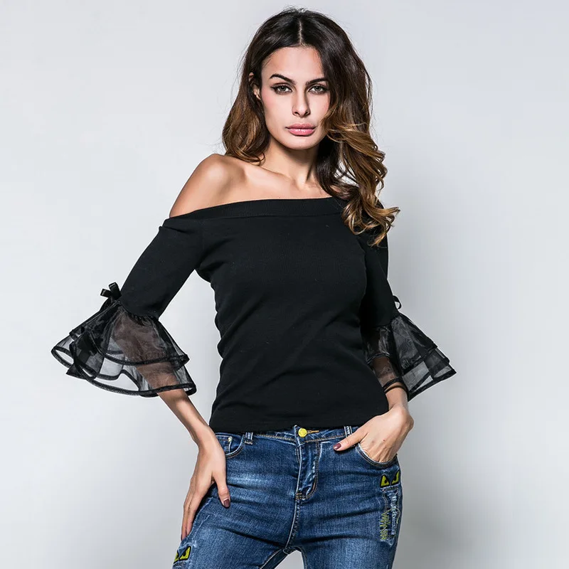 Blusas Femininas 2019 Лето Для женщин блестящая блузка с рукавами Slash шеи Блузки пикантные с открытыми плечами, сеточка оборками однотонные рубашки