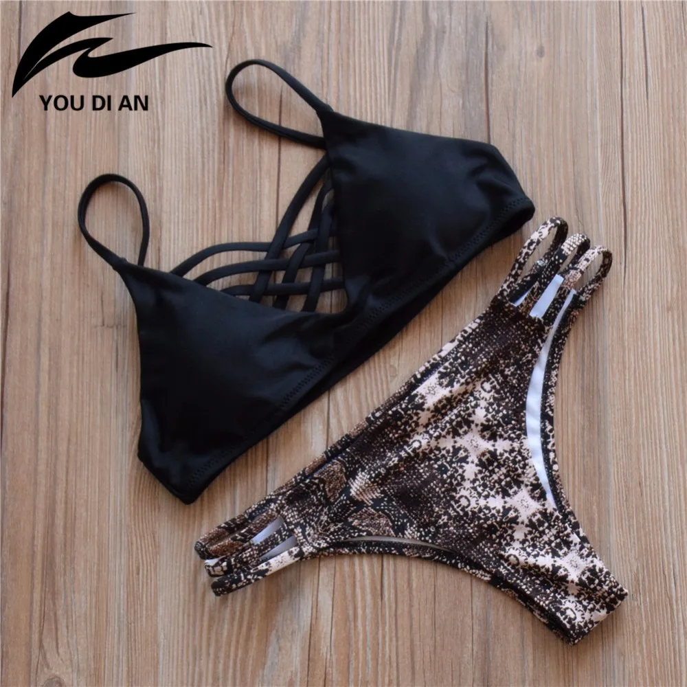 

2017 Sexy Womens Bikini Set Strappy Solid Top Bandage Leopard Bikini Bottom Brazilian Bikini Women Female Swimsuit Swimwear
