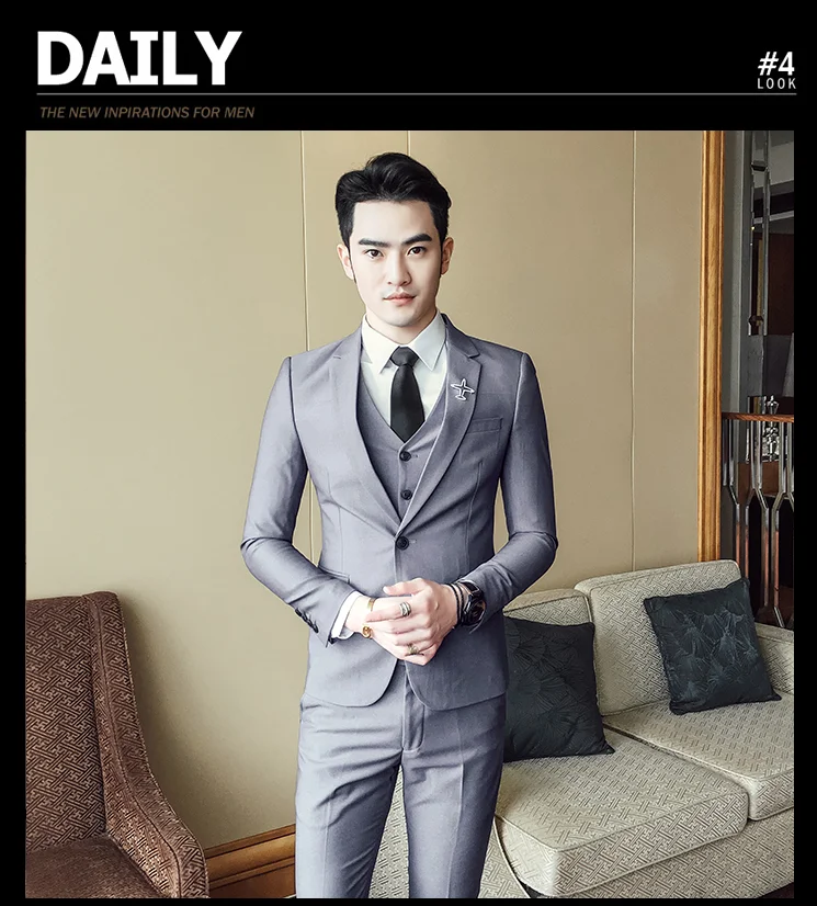 Autumn New England Fashion Korean Slim Business Suit Three-Piece Groom Groomsmen Wedding Dress Solid Color Suit Set