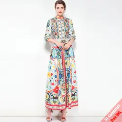 Высокое качество взлетно-посадочной полосы модельер Макси платье Для Женщин Половина рукавами Винтаж с цветочным принтом Вечерние