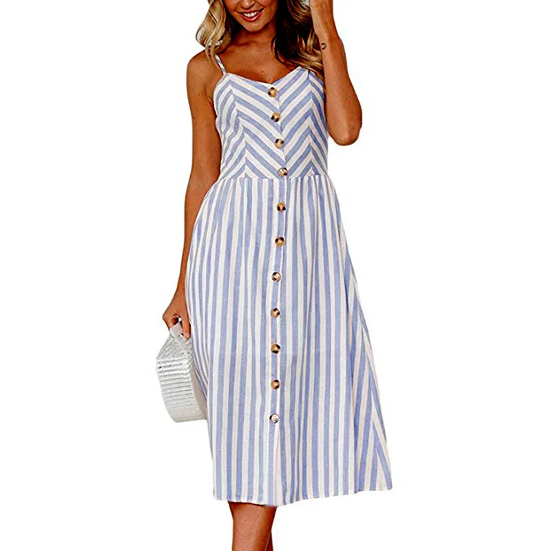 

2019 office dress blue Sleeveless button elbise summer clothes for women Stripped vestidos casuales de verano femenino mujer