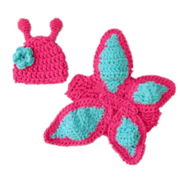 

Newborn baby girl handmade crochet butterfly wings photo clothing rose red 0-3 months of knit clothes