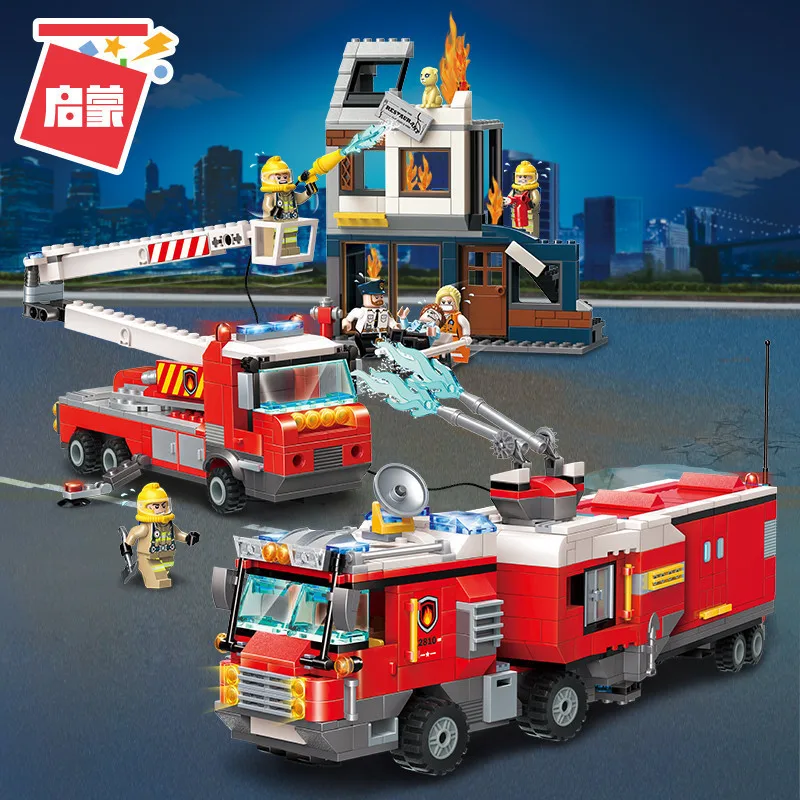 

ENLIGHTEN 2810 City Fire Rescue Fire 2 Trucks Vehicle Aerial Ladder Building Blocks Brick Compatible With LegoIN Playmobil Toys