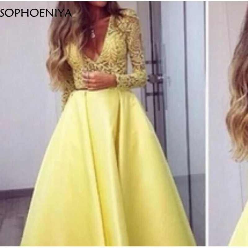 

New Arrival V Neck Long sleeve Evening dress 2019 Cut Out Evening gowns Plus size abendkleider robe de soiree ever pretty
