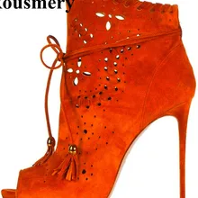 ; Модные женские с открытым носком замшевые ботильоны сапоги-гладиаторы на шнуровке открытые ботильоны на высоком каблуке Модельные туфли