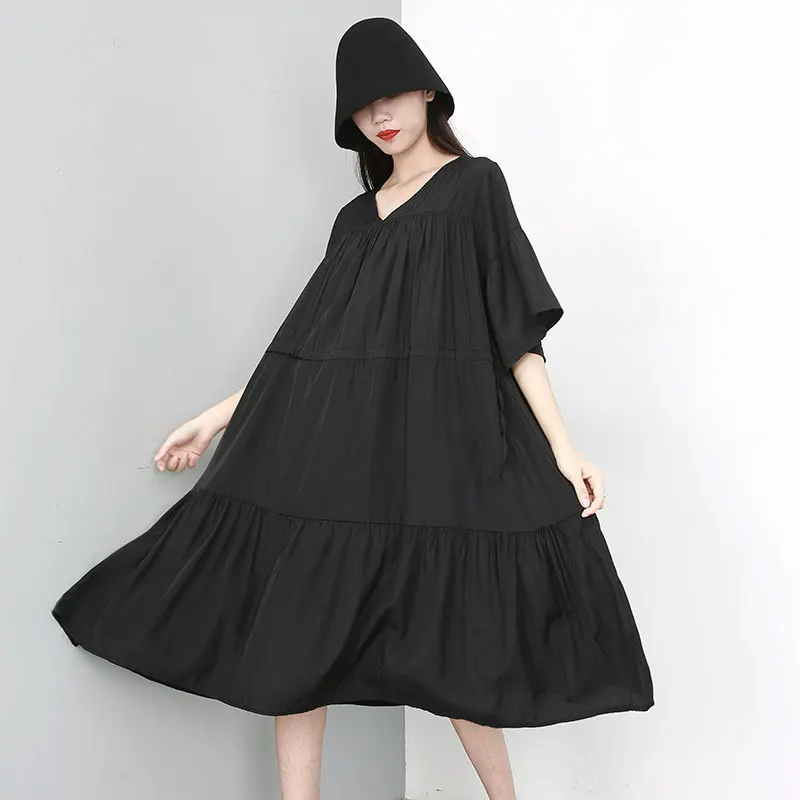 

Johnature Summer Dress 2019 Streetwear V-neck Solid Color Half Sleeeve Loose Comfortable Simple Knee-length Women Black Dress