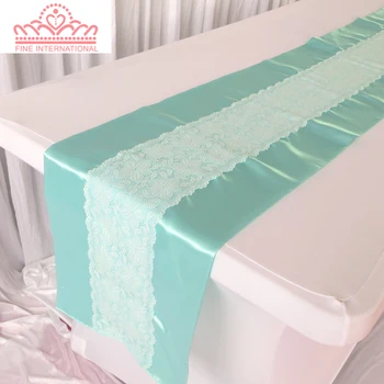 

5pcs Free Shipping Sexy Cyan Color Lace Table Runner 35*250cm Double-Side Satin Runner Ror Wedding,Party,Banquet